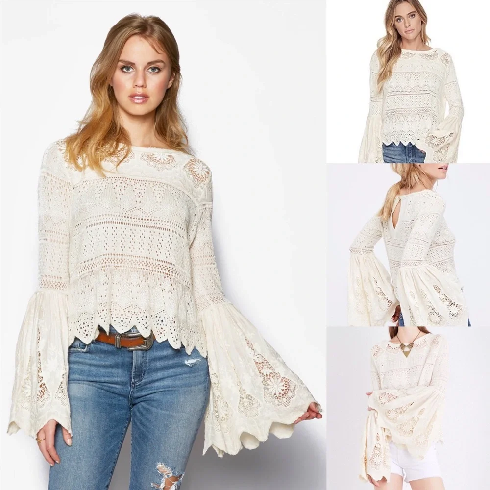 Free People Once Upon a Time Cream Crochet Lace Bell Sleeve Blouse